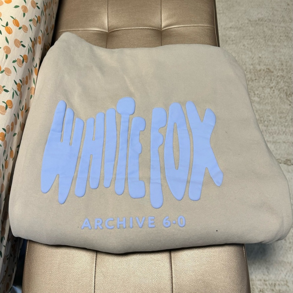 White Fox Boutique Tan Sweatshirt with Blue Logo